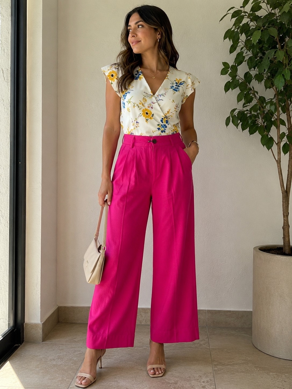 Forever 21 Fuchsia Wide-Leg High-Waist Pants